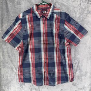The North Face Plaid Short Sleeve Button Up Shirt Men XL Red Blue Collared